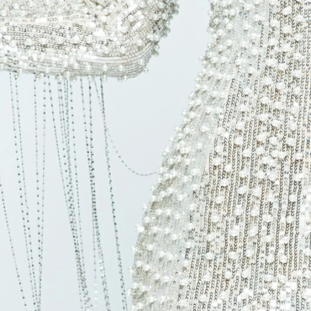 Hand Beaded Pearl Sequin Metallic Chain Long Sleeve Stunning Fancy Dress - Picture 5 of 11